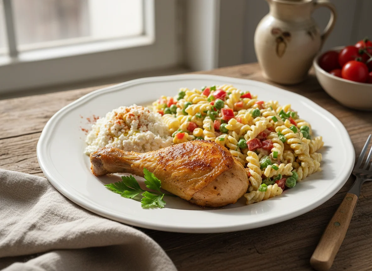 Hähnchenschenkel mit Nudelsalat und Hüttenkäse photo