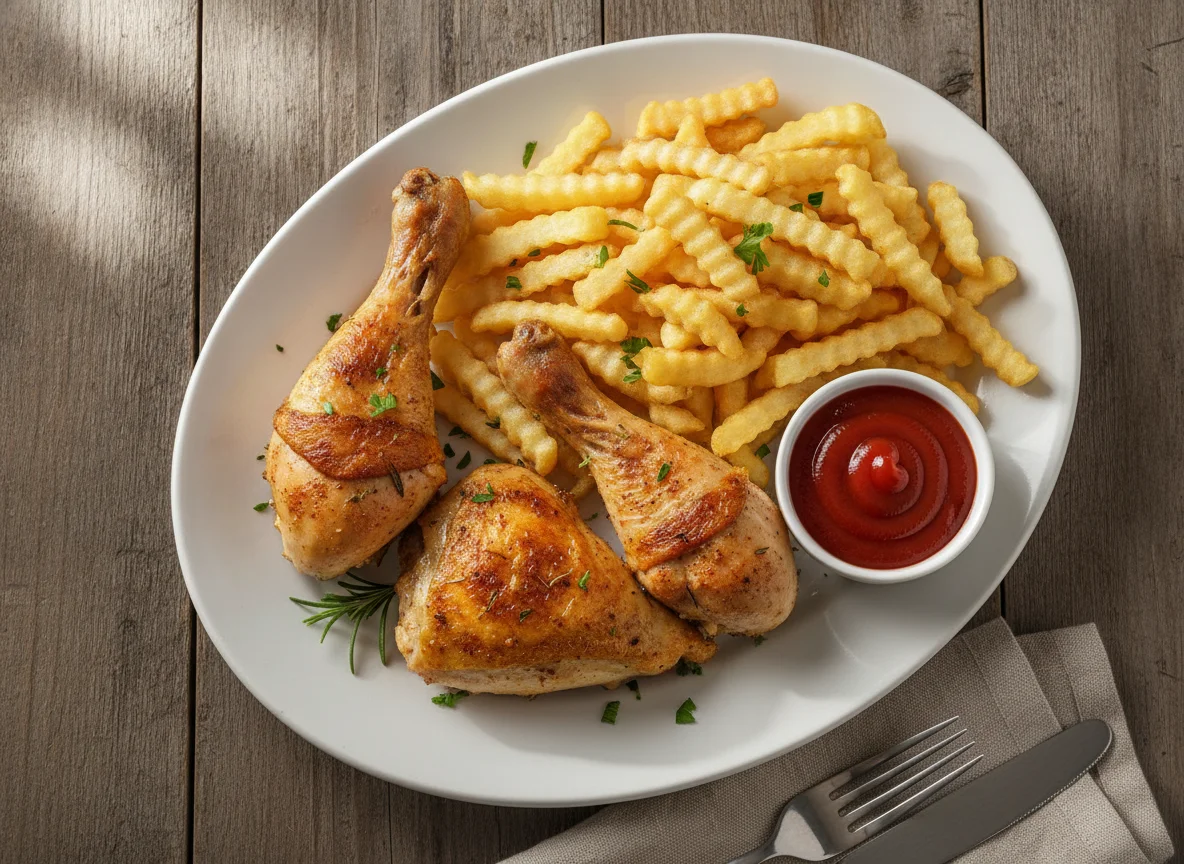 Hähnchenschenkel mit Pommes und Ketchup photo