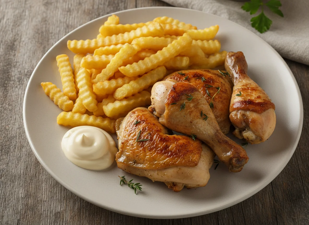 Hähnchenschenkel mit Pommes und Mayonnaise photo