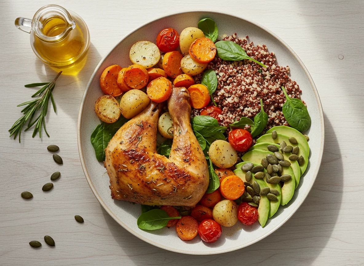 Hähnchenschenkel mit Quinoa und Ofengemüse photo