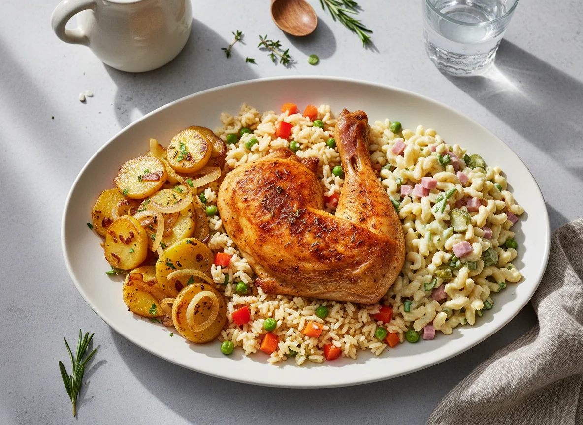 Hähnchenschenkel mit Reis, Kartoffeln und Nudelsalat photo