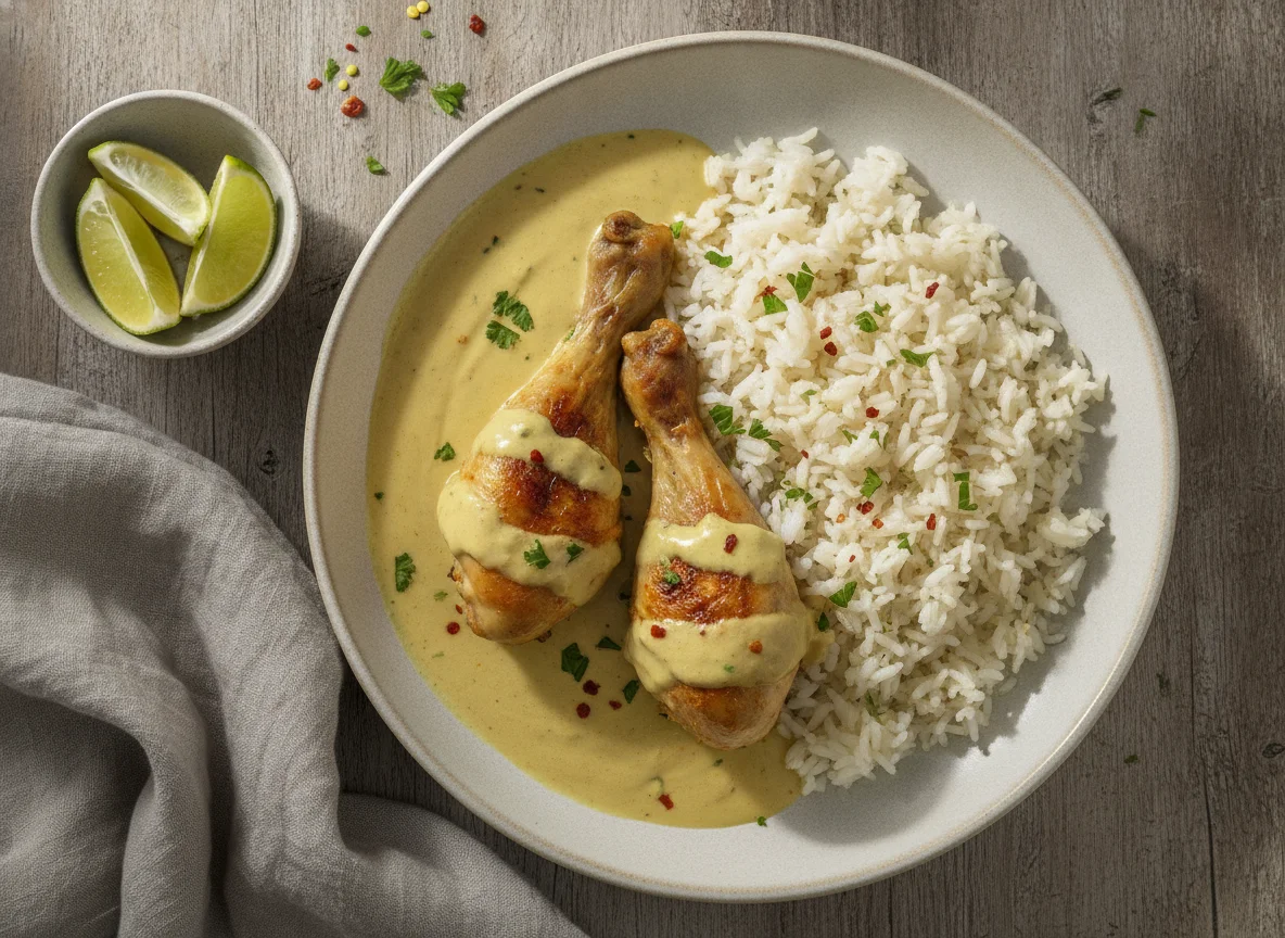 Hähnchenschenkel mit Reis und Currysauce photo