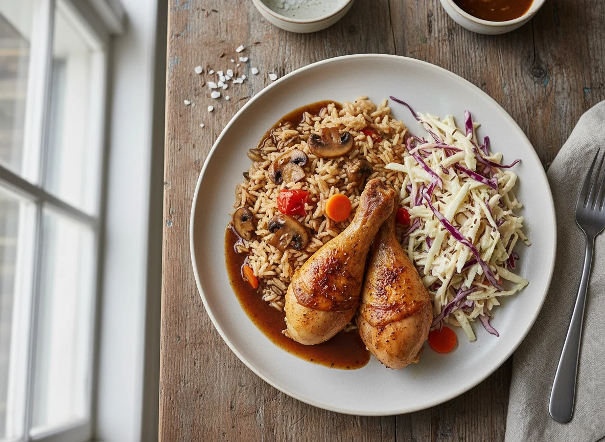 Hähnchenschenkel mit Reis und Krautsalat photo