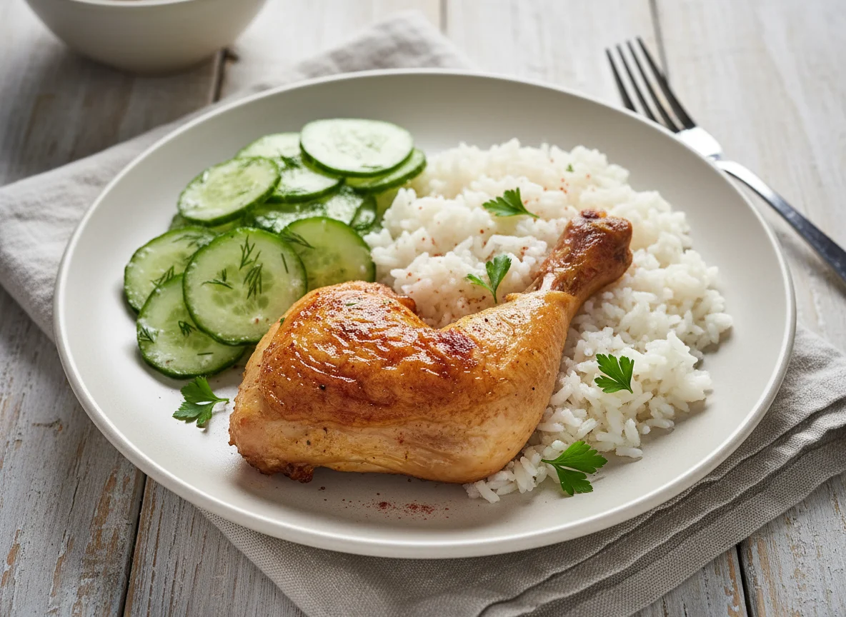 Hähnchenschenkel mit Reis und Salat photo
