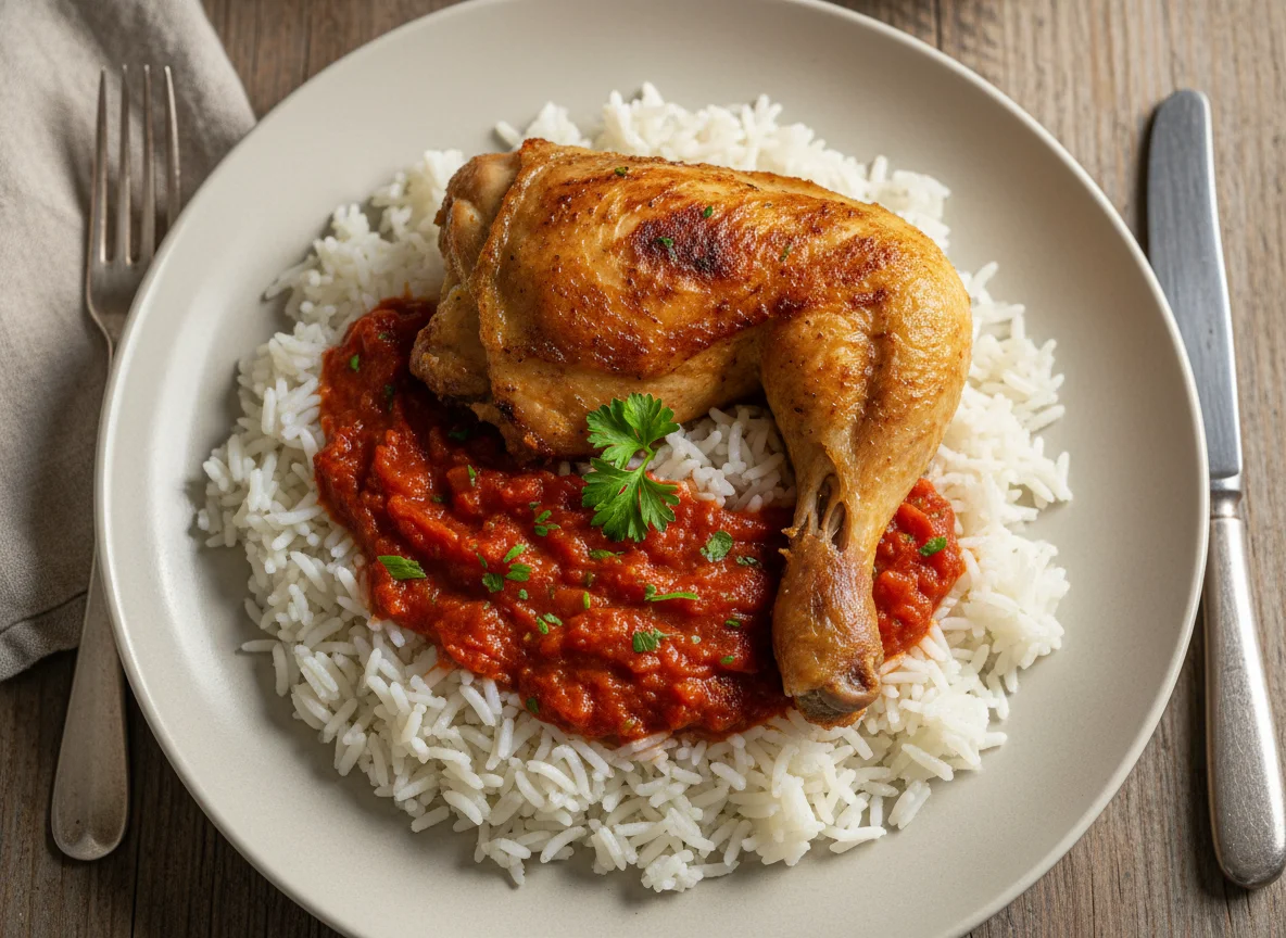Hähnchenschenkel mit Reis und Tomatensauce photo