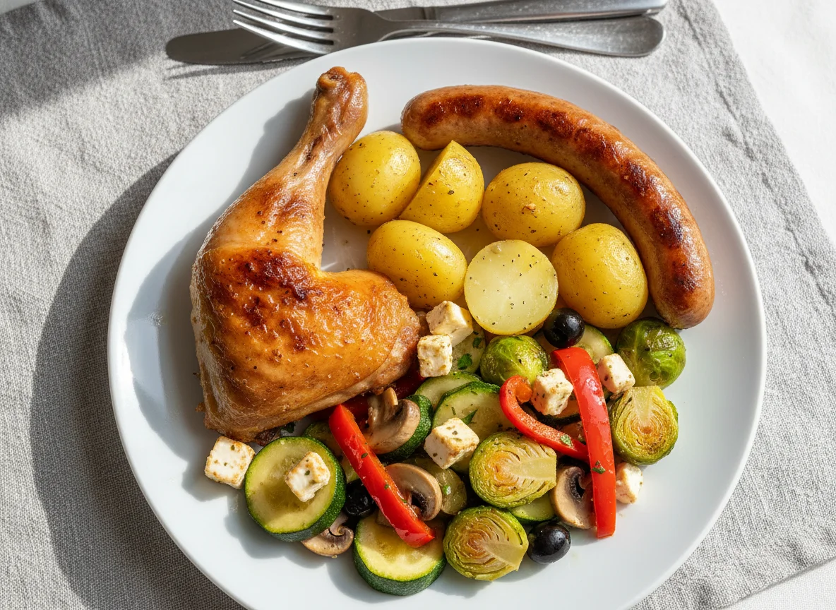 Hähnchenschenkel mit Rosenkohl, Kartoffeln und Wurst photo