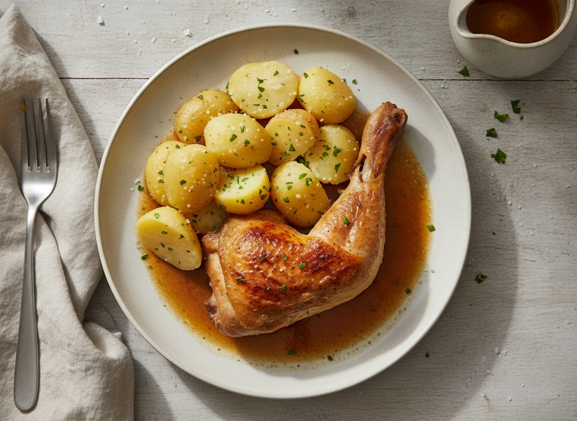 Hähnchenschenkel mit Salzkartoffeln und Bratensoße photo