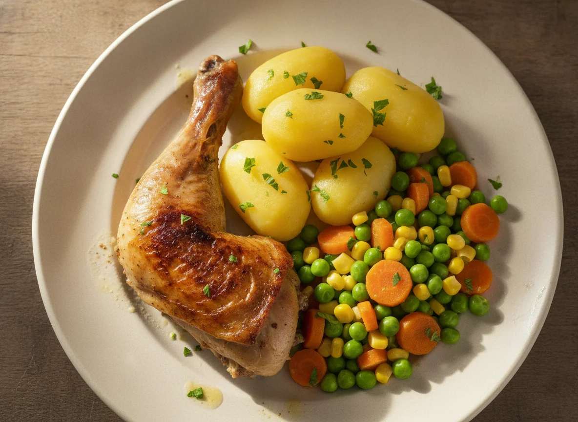 Hähnchenschenkel mit Salzkartoffeln und Mischgemüse photo