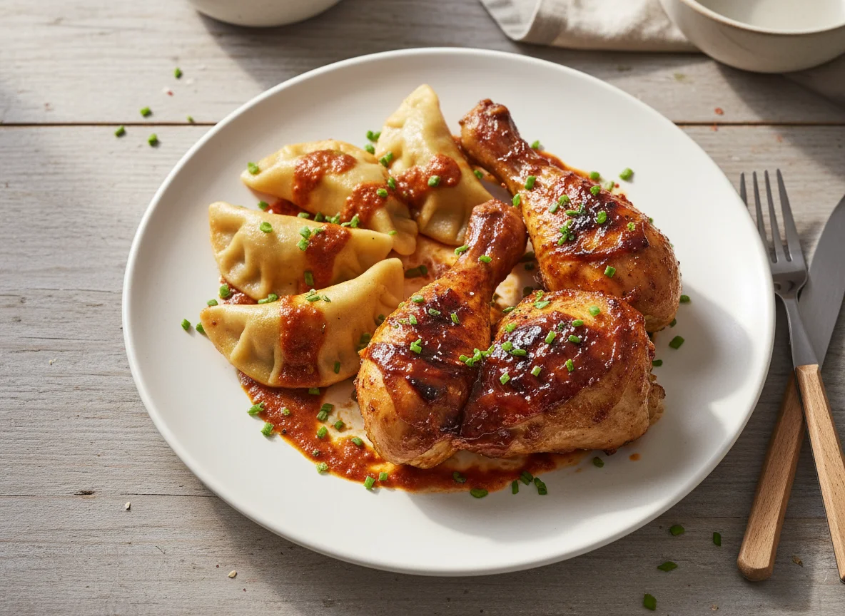 Hähnchenschenkel mit Sauce und gefüllte Teigtaschen photo