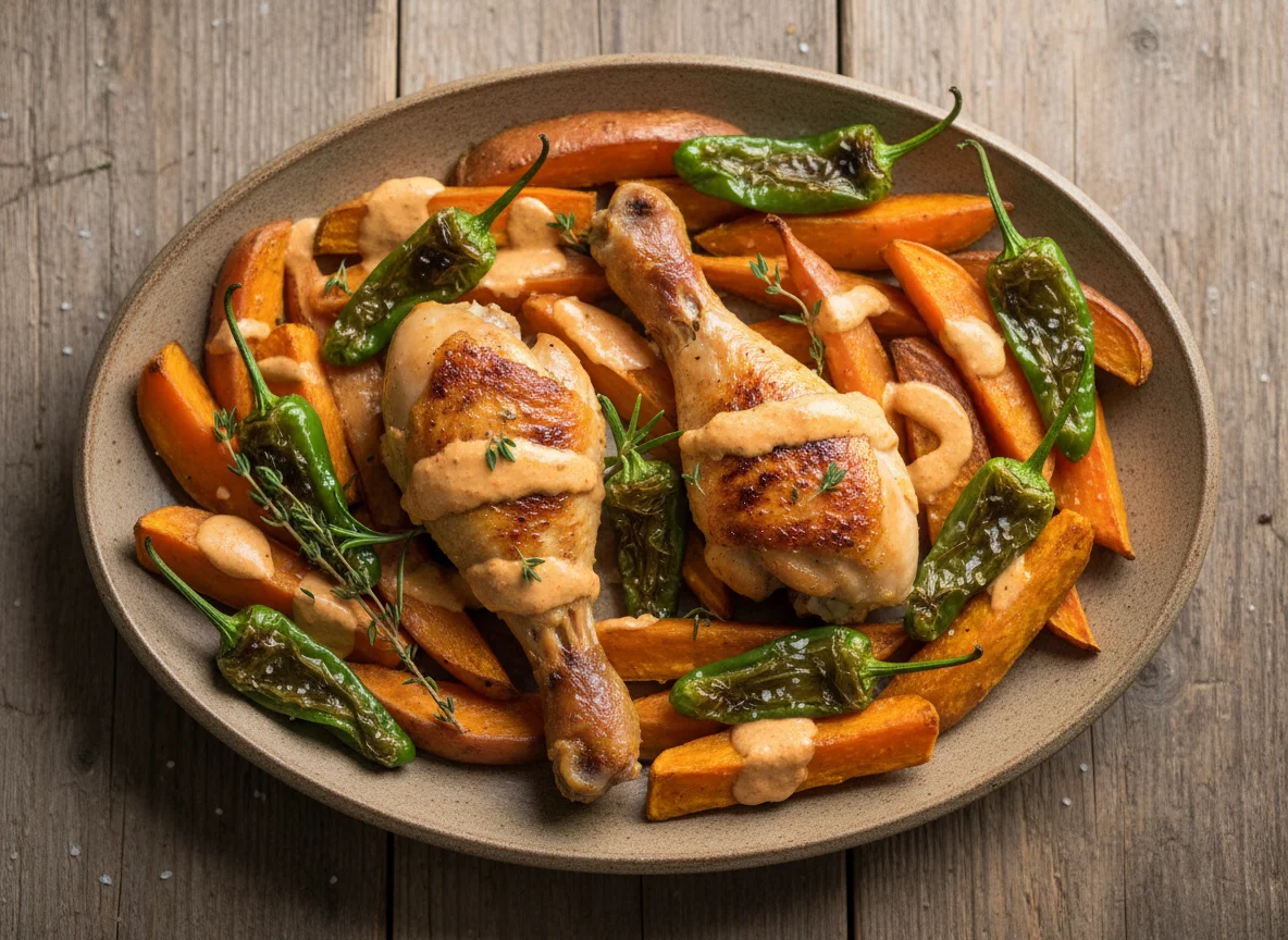 Hähnchenschenkel mit Süsskartoffeln und Pimientos de Padrón photo