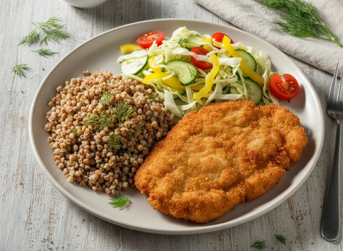 Hähnchenschnitzel mit Buchweizen und Krautsalat photo