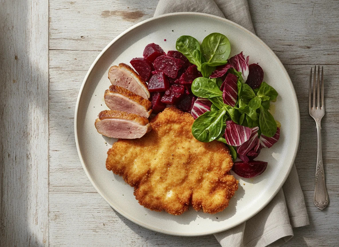 Hähnchenschnitzel mit Entenfleisch, Rote Bete und gemischtem Salat photo