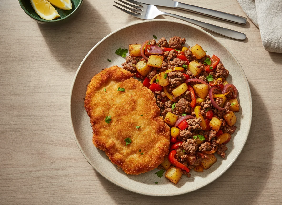 Hähnchenschnitzel mit Hackfleisch-Gemüse-Pfanne photo