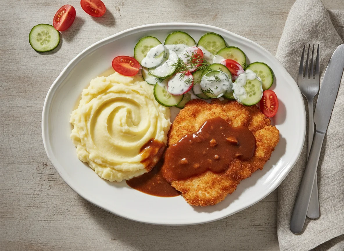 Hähnchenschnitzel mit Kartoffelbrei und Gurkensalat photo