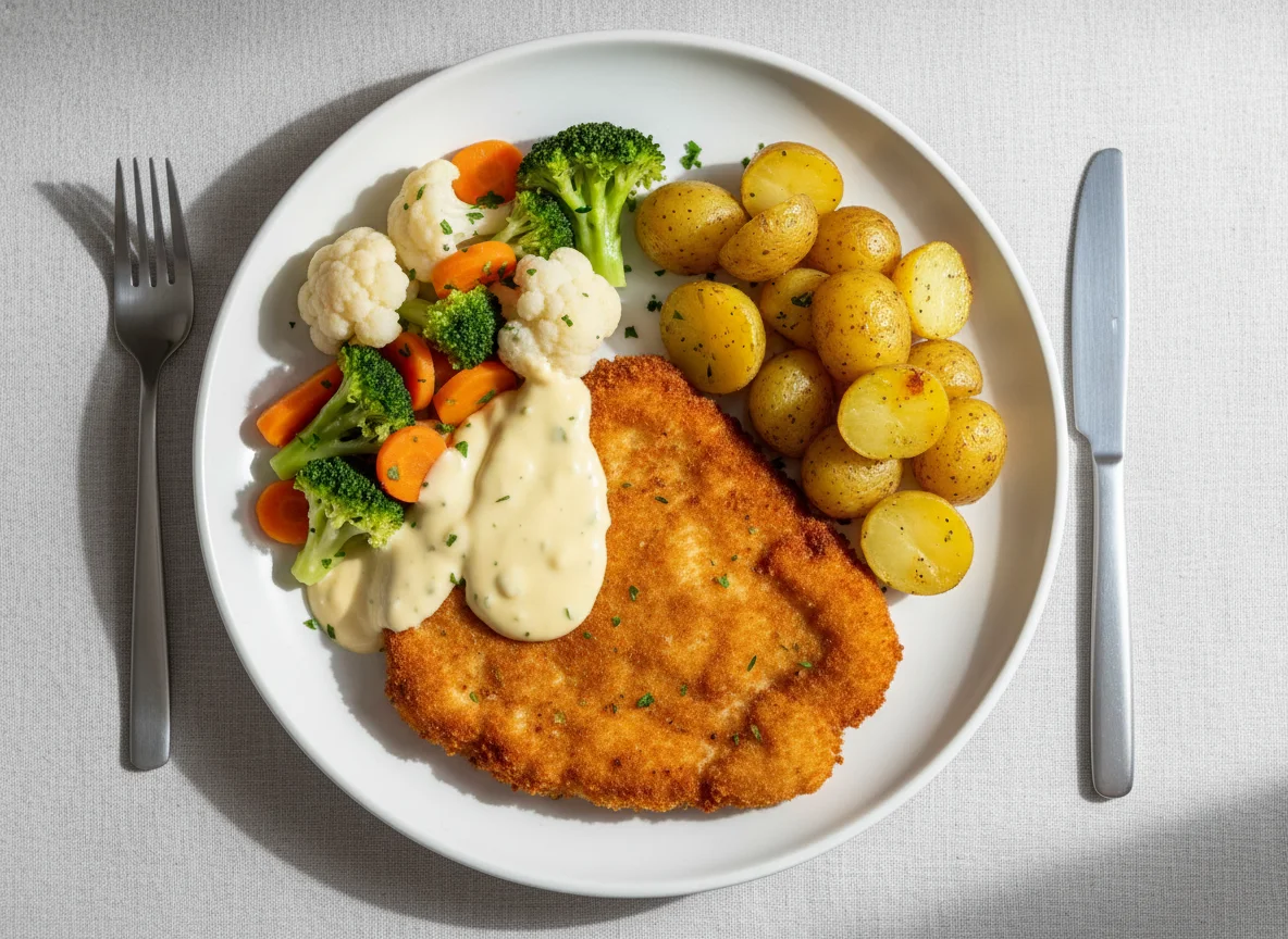 Hähnchen-Schnitzel mit Kartoffeln, Gemüse und Sauce Hollandaise photo
