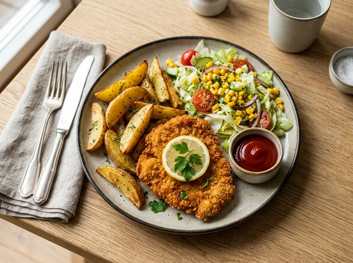 Hähnchenschnitzel mit Kartoffelspalten und Salat photo