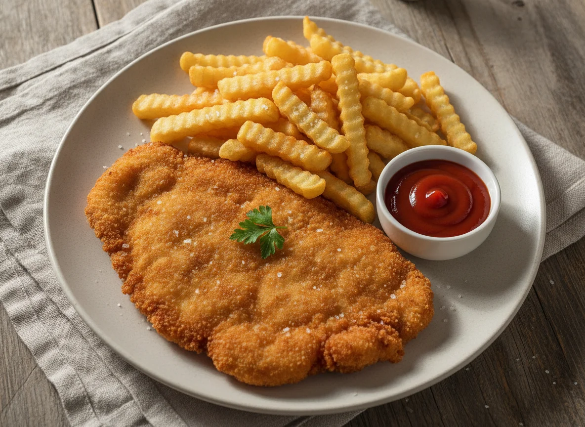 Hähnchenschnitzel mit Pommes und Ketchup photo