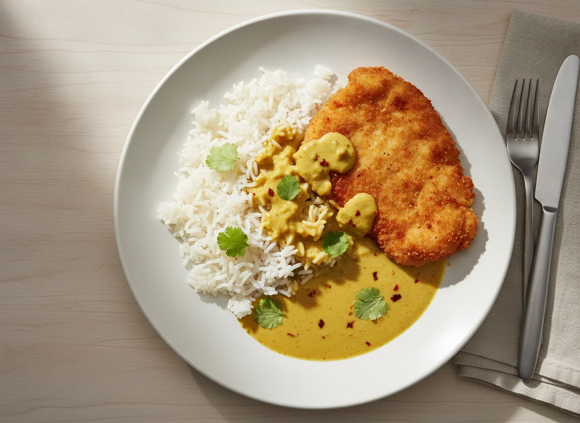 Hähnchenschnitzel mit Reis und Currysauce photo