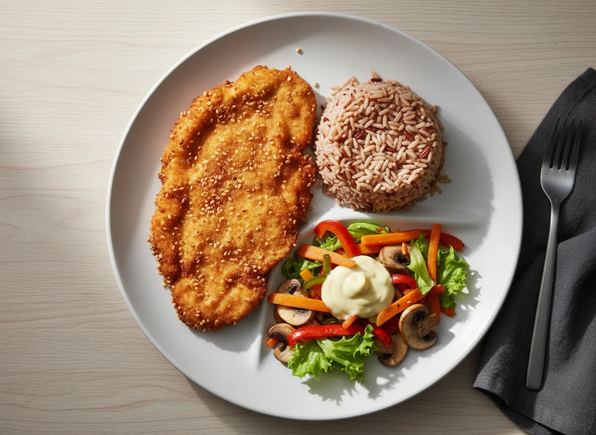 Hähnchenschnitzel mit Reis und Gemüse photo