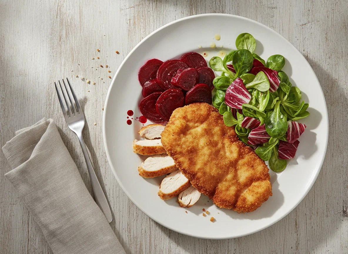 Hähnchenschnitzel mit Rote Bete und Salat photo