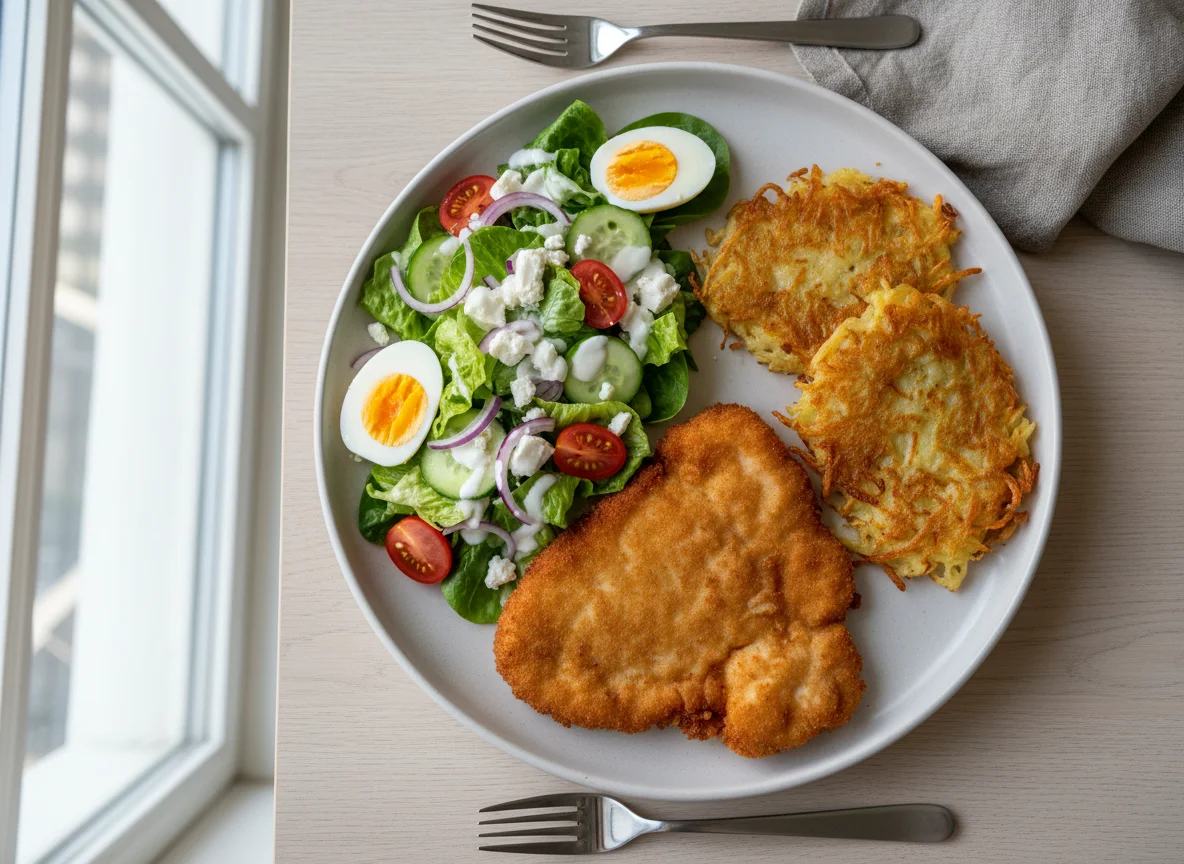 Hähnchenschnitzel mit Salat, Kartoffelpuffer und Ei photo