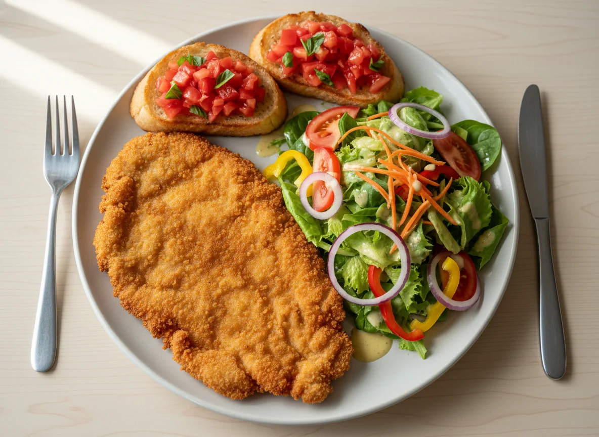 Hähnchenschnitzel mit Salat und Bruschetta photo