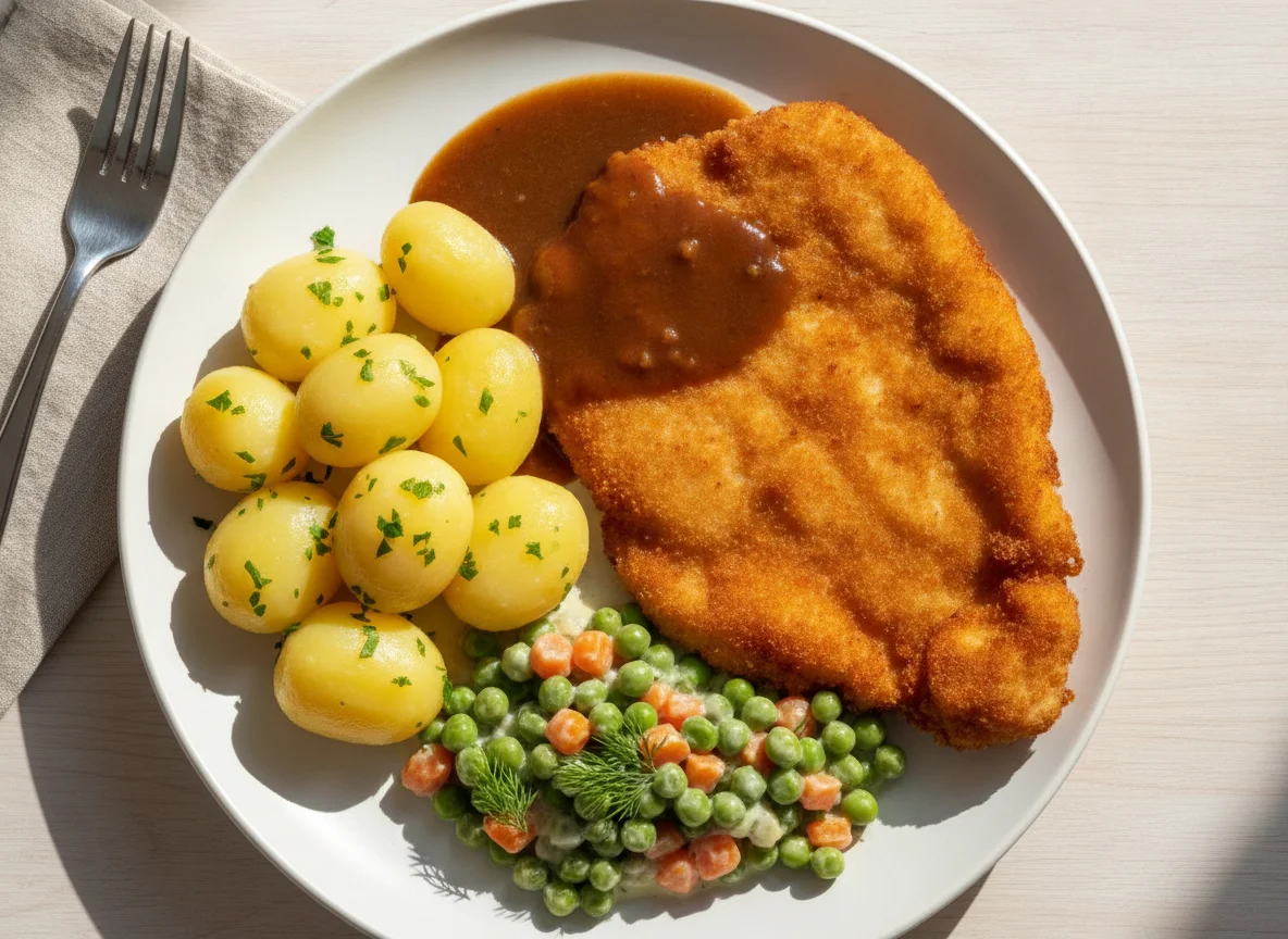 Hähnchenschnitzel mit Salzkartoffeln und Erbsen-Möhren-Gemüse photo