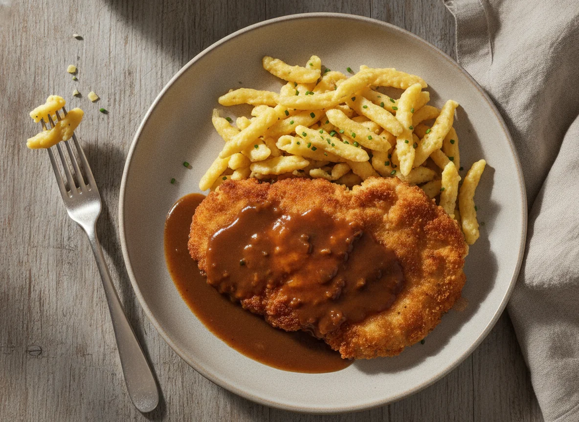 Hähnchenschnitzel mit Spätzle und Bratensoße photo