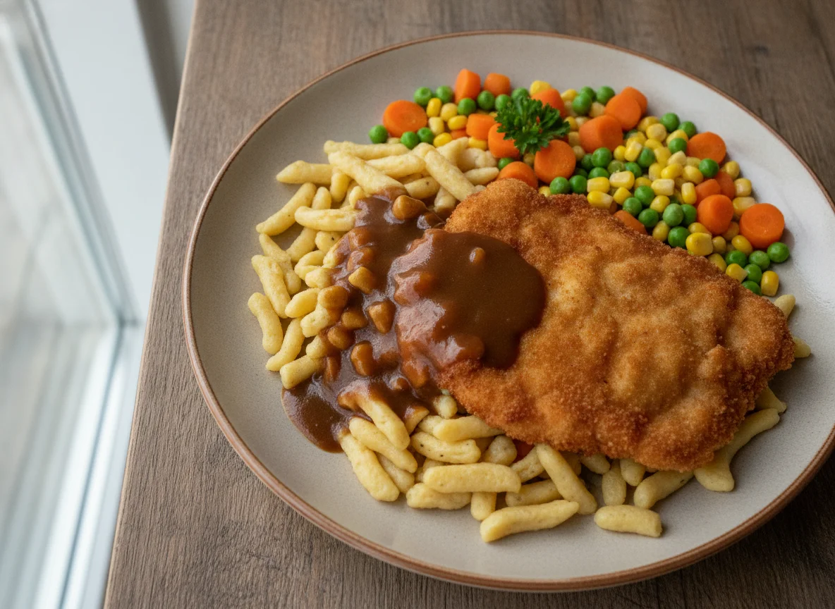 Hähnchenschnitzel mit Spätzle und Gemüse photo