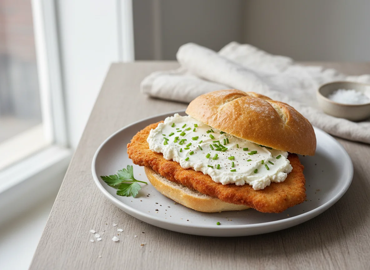 Hähnchenschnitzelbrötchen mit Frischkäse photo