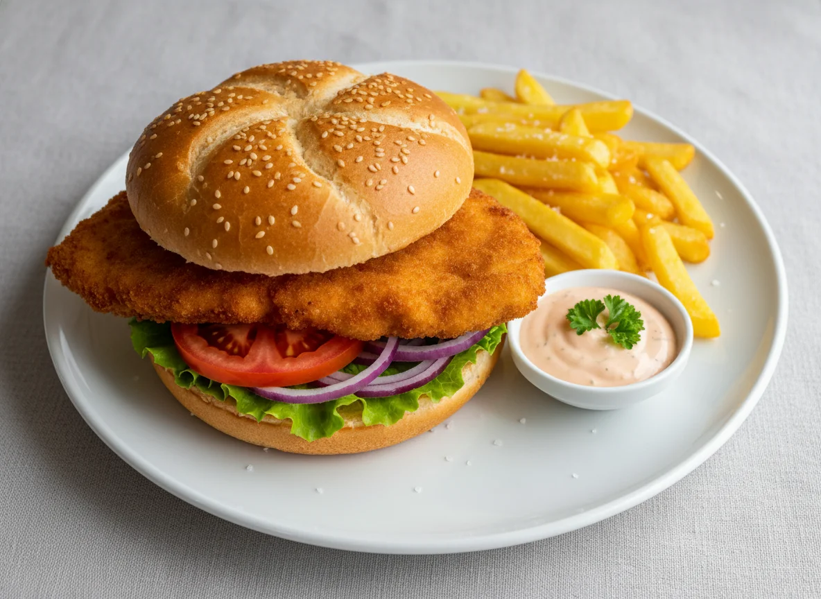 Hähnchenschnitzel-Burger mit Pommes Frites und Sauce photo