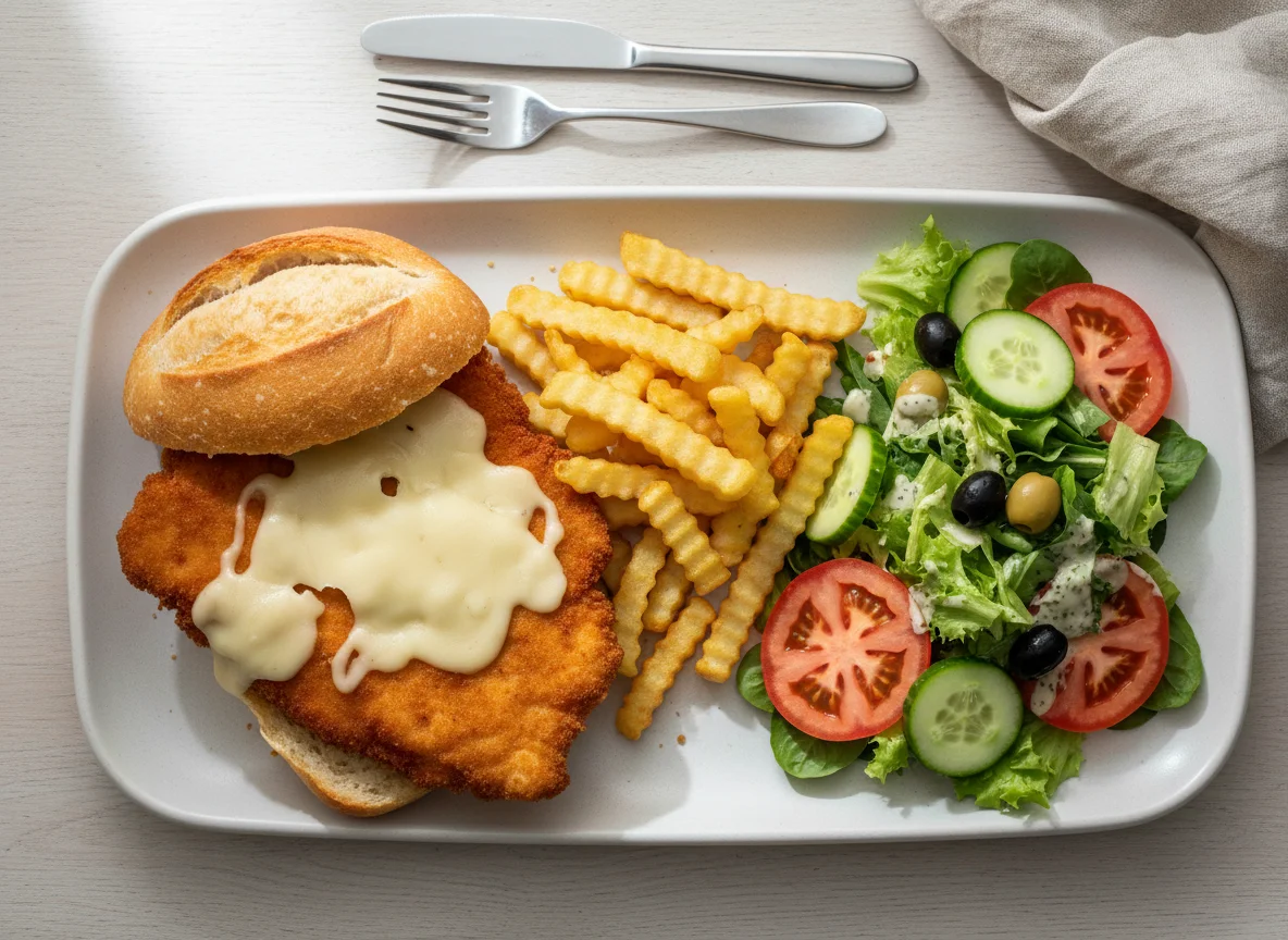 Hähnchenschnitzel-Sandwich mit Pommes und Salat photo