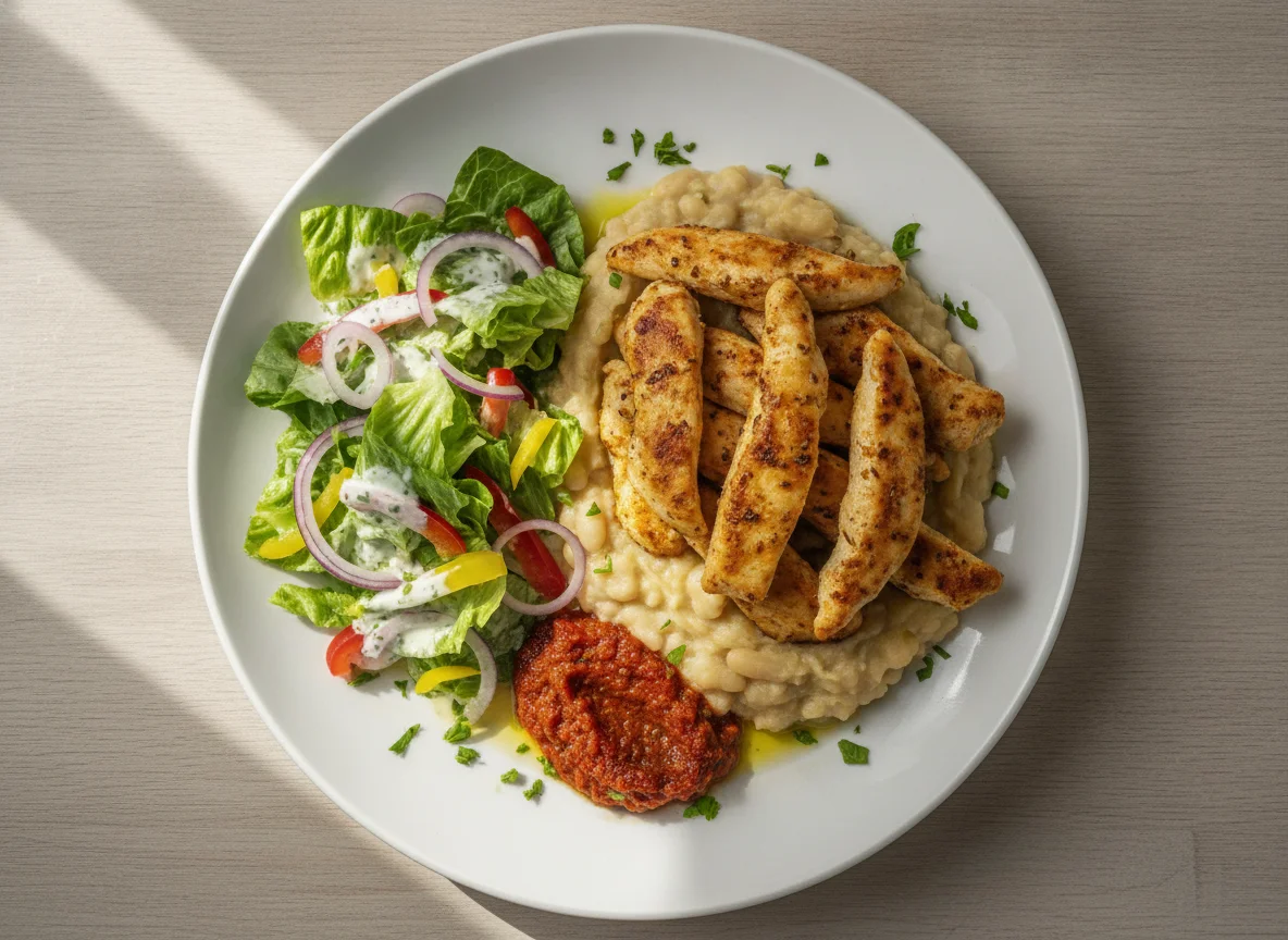 Hähnchenshawarma auf weißem Bohnenstampf mit Ajvar und frischem Salat photo