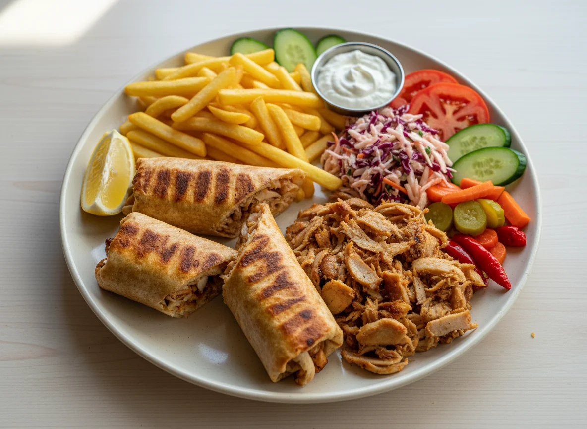 Hähnchen-Shawarma-Teller mit Pommes und Beilagen photo