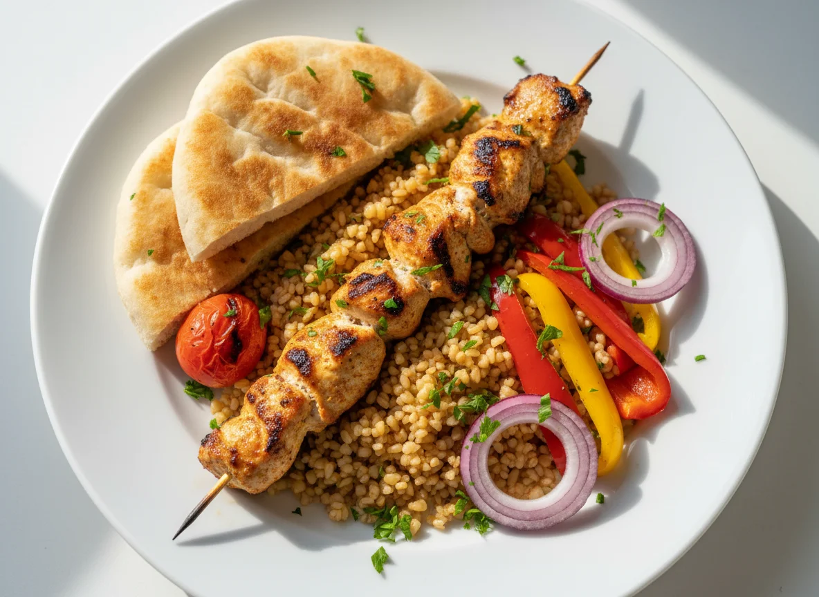 Hähnchen-Spieß mit Bulgur und Beilagen photo