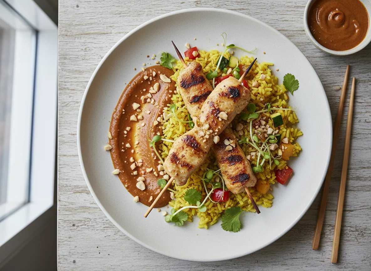 Hähnchenspieß mit Curryreis und Erdnusssauce photo