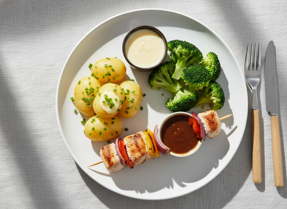 Hähnchenspieß mit Kartoffeln und Brokkoli photo