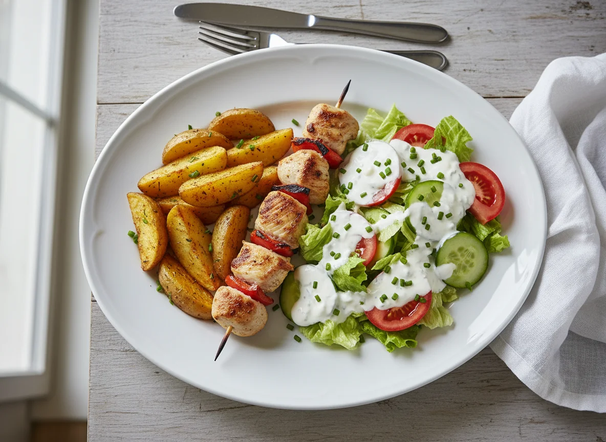 Hähnchenspieß mit Kartoffelspalten und Salat photo