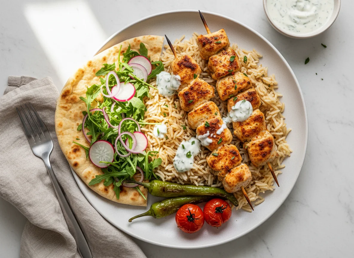 Hähnchenspieß mit Reis und Beilagen photo