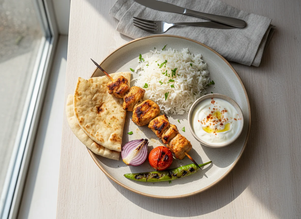 Hähnchen-Spieß mit Reis und Beilagen photo