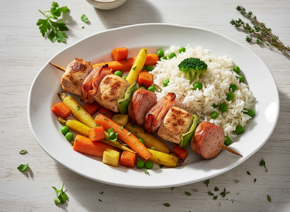 Hähnchen-Spieß mit Reis und Gemüse photo