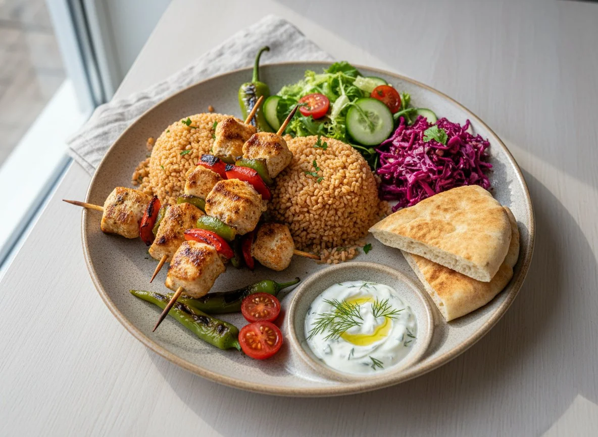 Hähnchenspieß mit Reis und Salat photo