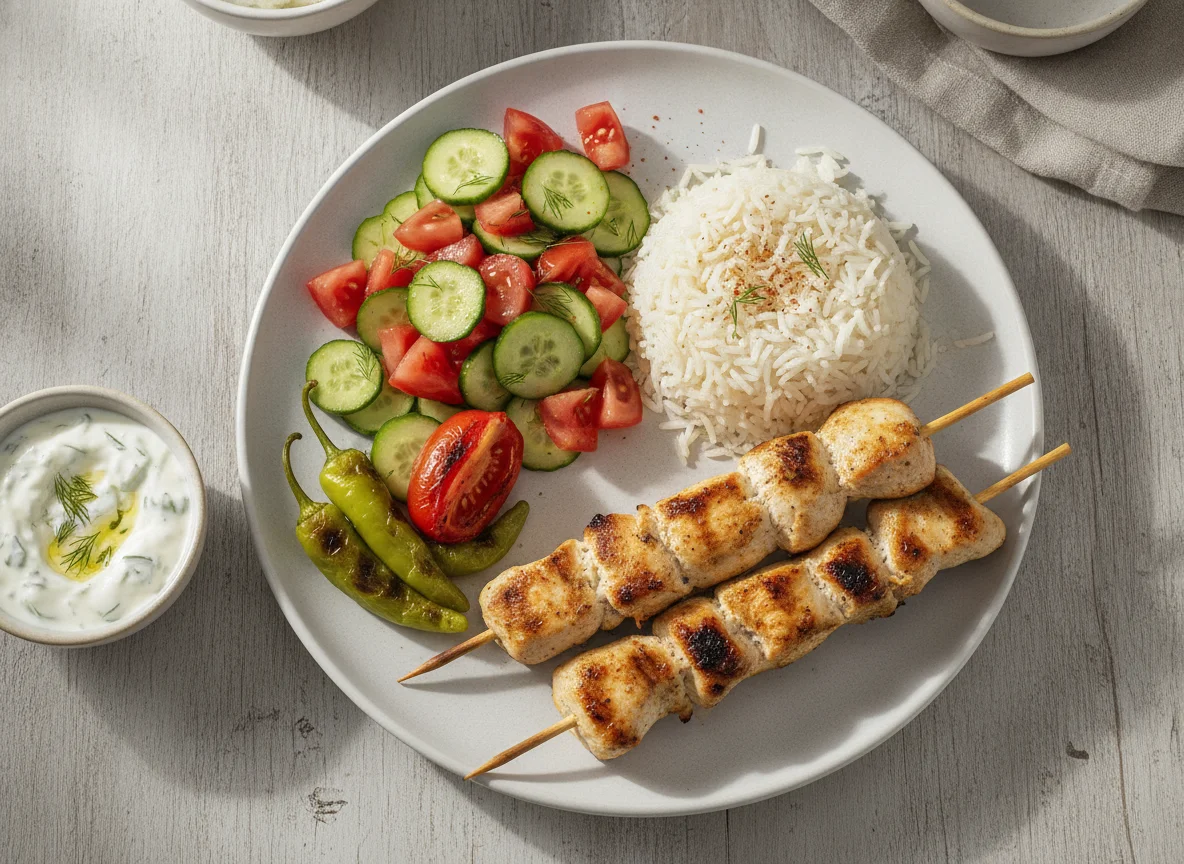 Hähnchen-Spieß mit Reis und Salat photo