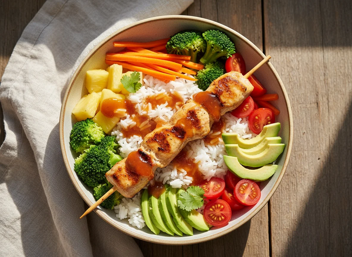Hähnchenspieß-Bowl mit Reis und Gemüse photo
