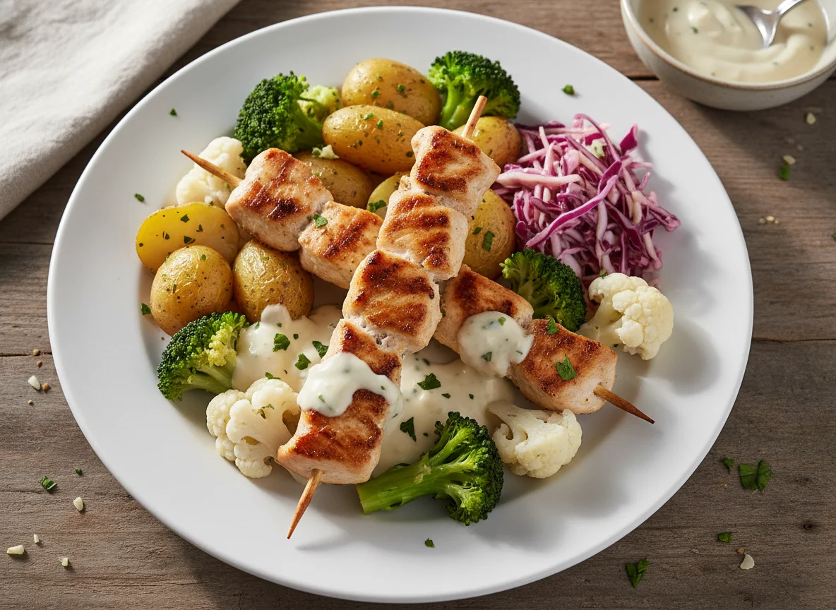 Hähnchenspieße mit Brokkoli, Blumenkohl, Kartoffeln und Sahnesauce photo