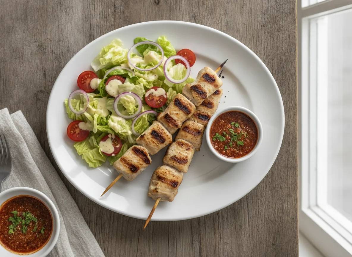 Hähnchenspieße mit gemischtem Salat und Dip photo