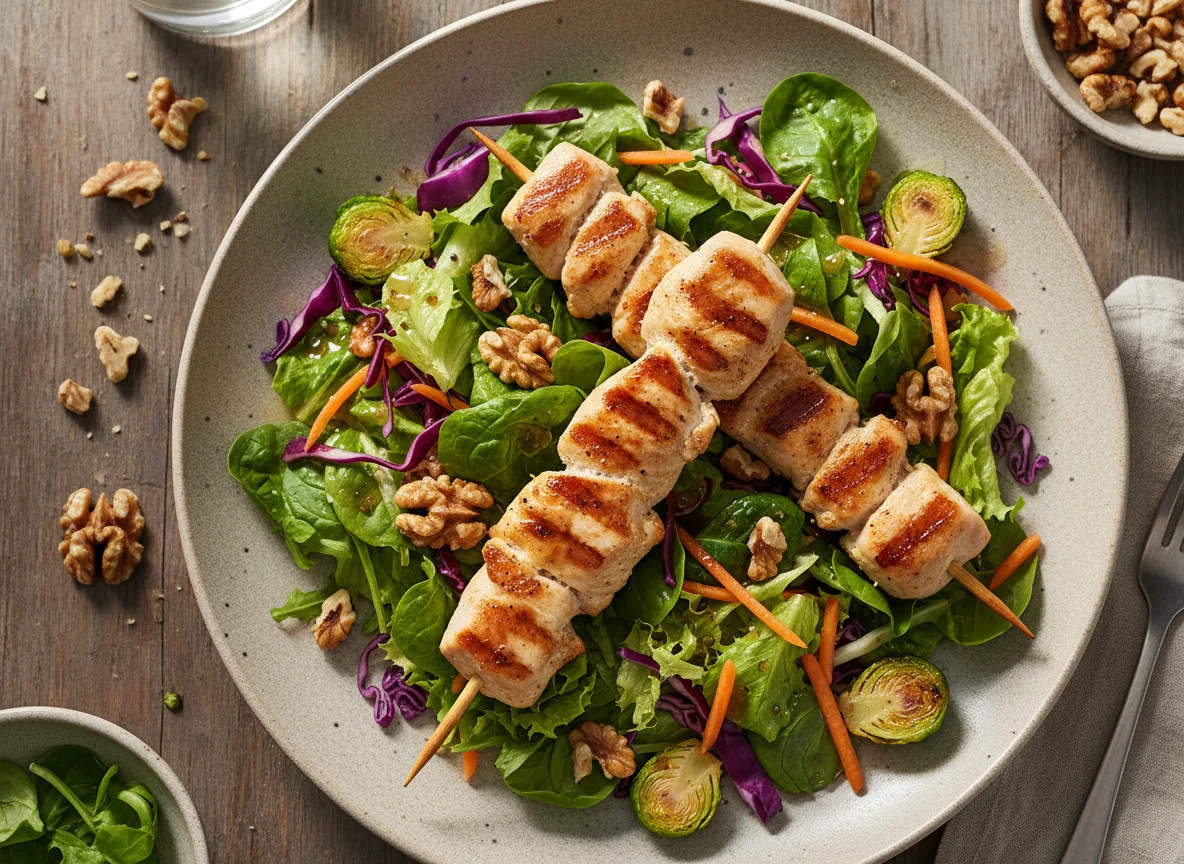 Hähnchenspieße mit gemischtem Salat und Walnüssen photo