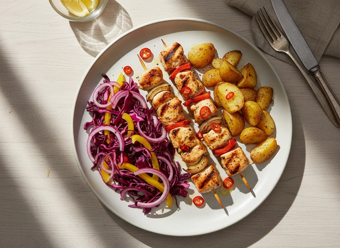 Hähnchenspieße mit Kartoffeln und Rotkohlsalat photo