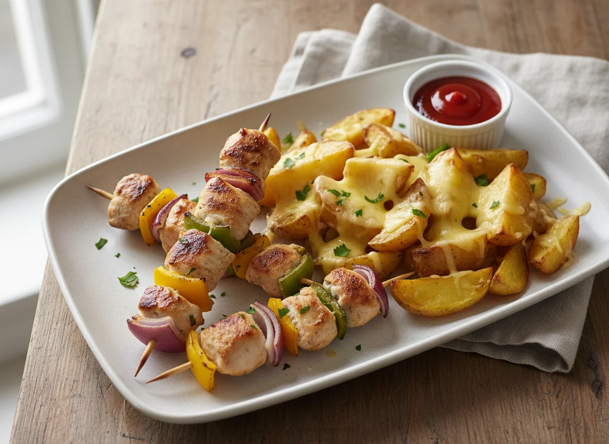 Hähnchenspieße mit Ofenkartoffeln und Käse photo
