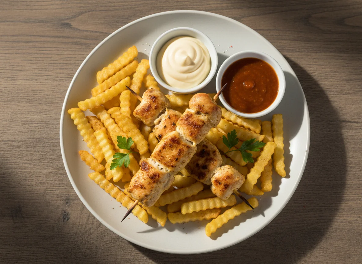 Hähnchenspieße mit Pommes und Saucen photo